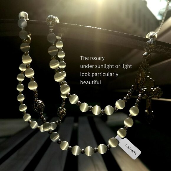 Catholic Rosary Necklace Women Men White Stone Stainless Steel Beads Cross - Picture 5 of 6